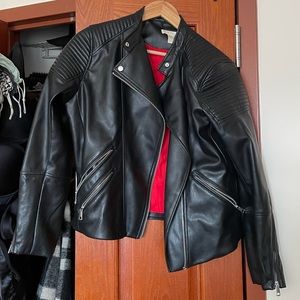 H&M black faux leather jacket with red silk lining, size 14